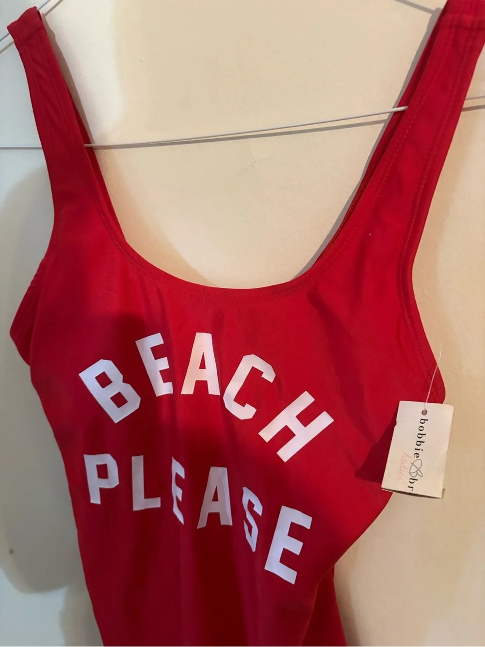 Bobbie Brooks Red One-Piece Swimsuit with White “BEACH PLEASE” Print